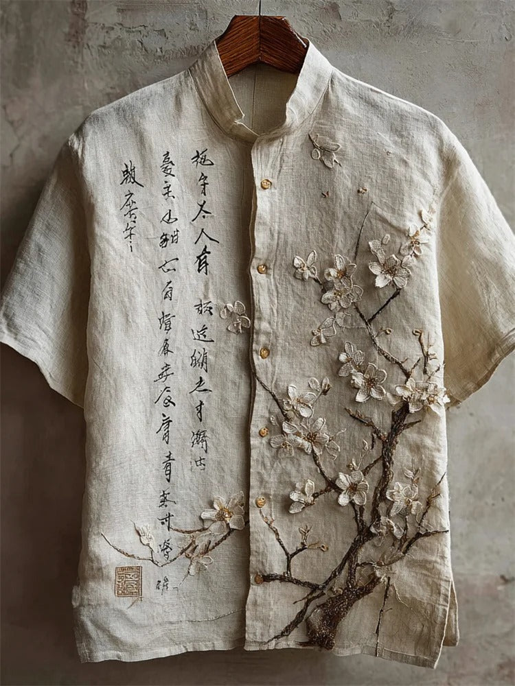 Stylitex Premium Minimal Japanese Blossom Embroidery Shirt for Men Casual Summer Half Sleeve Mandarin Collar Button Down Elegant Designer Fashion Shirt