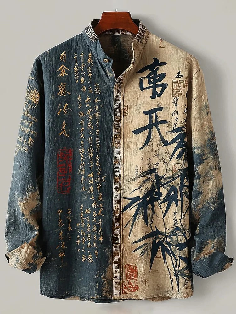 Stylitex Zen Script Bamboo Shirt for Men Japanese Calligraphy Style Long Sleeve Casual Designer Shirt