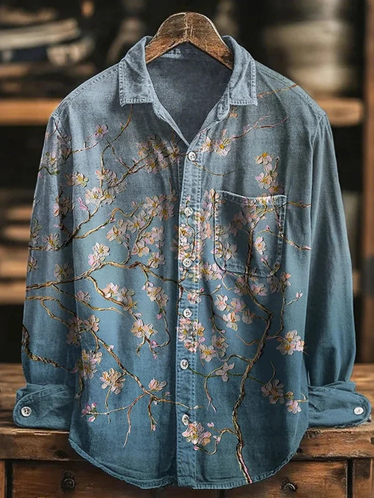 Stylitex Sakura Denim Shirt for Men Vintage Floral Japanese Style Long Sleeve Casual Designer Shirt