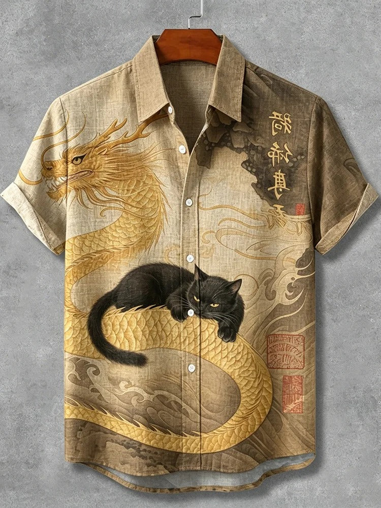 Stylitex Premium Golden Dragon Black Cat Fusion Print Shirt for Men Casual Summer Half Sleeve Button Down Streetwear Designer Graphic Fashion Shirt