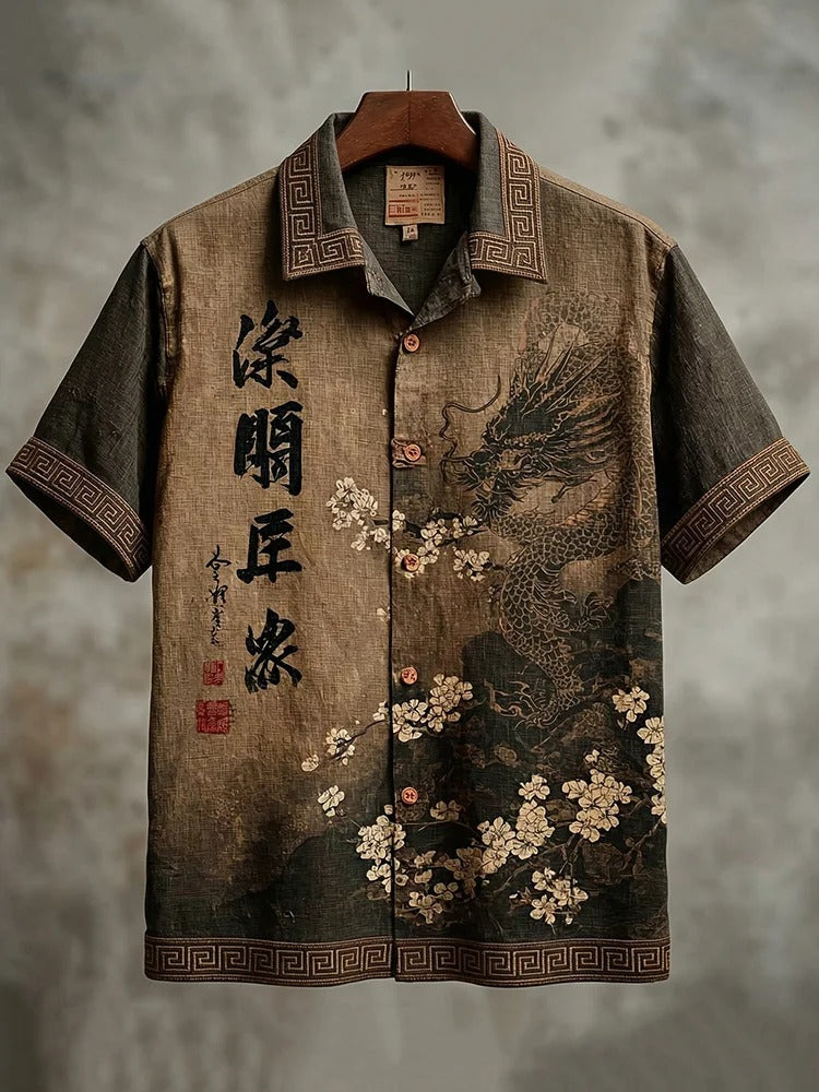 Stylitex Premium Vintage Japanese Dragon Floral Print Shirt for Men Casual Summer Half Sleeve Button Down Streetwear Designer Fashion Shirt