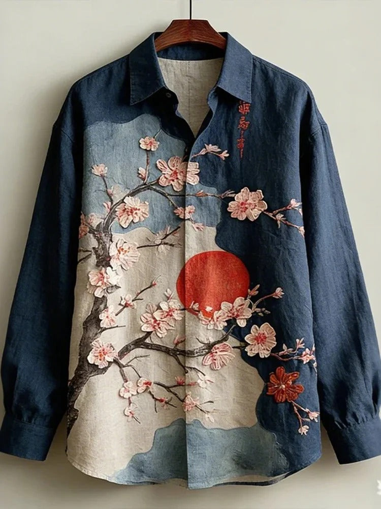 Stylitex Sakura Sun Artistic Shirt for Men Japanese Style Long Sleeve Casual Linen Blend Shirt Elegant Floral Designer Shirt