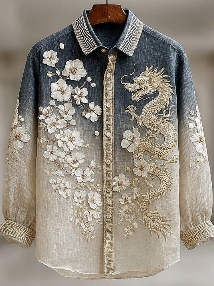 Stylitex Premium Gradient Dragon Blossom Embroidered Shirt for Men Casual Summer Half Sleeve Button Down Streetwear Designer Luxury Linen Style Fashion Shirt