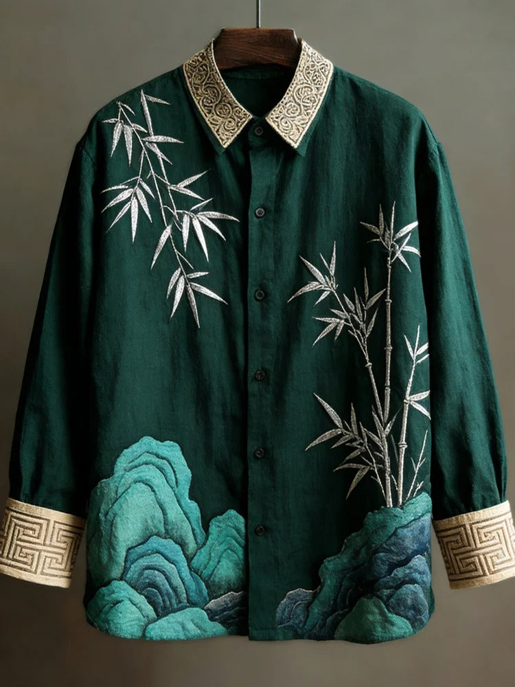 Stylitex bamboo mountain shirt for men. Japanese style long sleeve linen blend shirt with artistic ink wash landscape design.