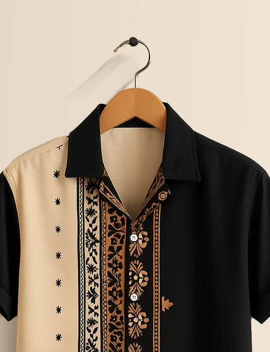 Ethnic Patchwork Print Shirt – Men’s Short Sleeve Button-Up (XS–6XL)