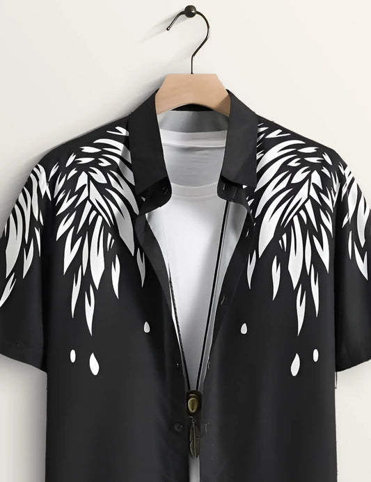 Black Abstract Feather Print Shirt – Men’s Short Sleeve Button-Up (XS–6XL)