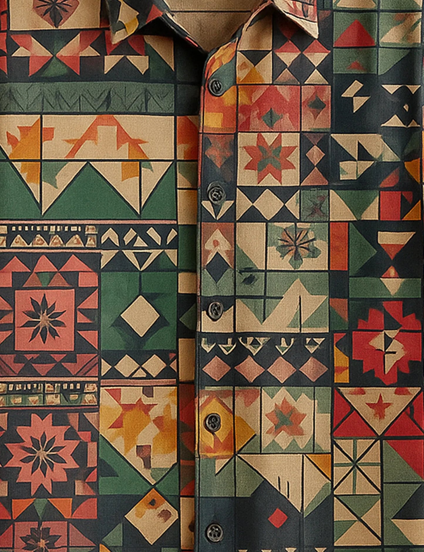 Geometric Tribal Patchwork Shirt – Men’s Short Sleeve Button-Up (XS–6XL)