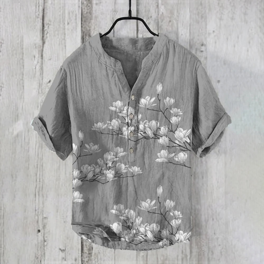 Stylitex Premium Minimal Grey Blossom Print Mandarin Collar Shirt for Men Casual Summer Half Sleeve Button Down Streetwear Elegant Linen Style Fashion Shirt