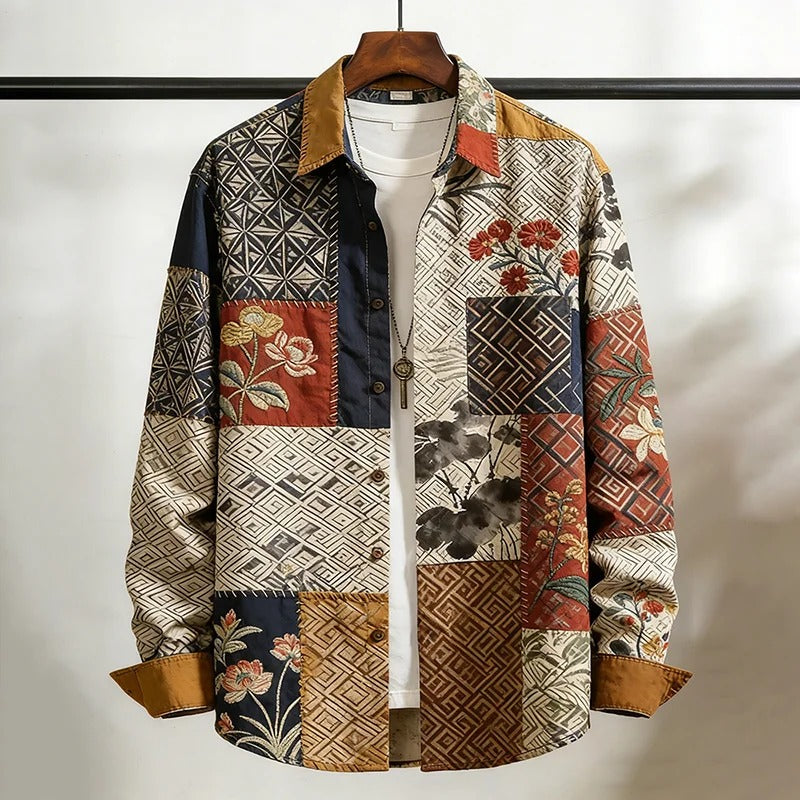 Stylitex Patchwork Heritage Shirt for Men Vintage Japanese Style Long Sleeve Casual Designer Linen Blend Shirt