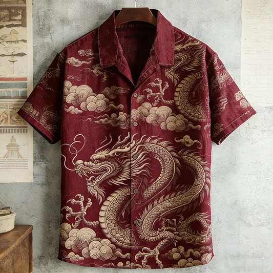 Stylitex Premium Red Dragon Cloud Art Print Shirt for Men Casual Summer Half Sleeve Button Down Streetwear Designer Luxury Asian Fashion Shirt