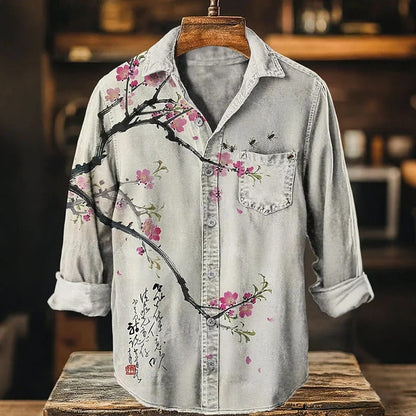 Stylitex Premium Cherry Blossom Branch Art Print Shirt for Men Casual Summer Half Sleeve Button Down Streetwear Designer Minimalist Japanese Style Fashion Shirt