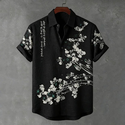 Stylitex Premium Black Blossom Ink Art Print Shirt for Men Casual Summer Half Sleeve Button Down Streetwear Designer Minimalist Elegant Fashion Shirt