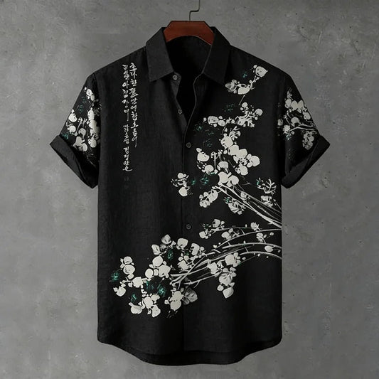 Stylitex Premium Black Blossom Ink Art Print Shirt for Men Casual Summer Half Sleeve Button Down Streetwear Designer Minimalist Elegant Fashion Shirt