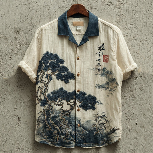 Stylitex Premium Japanese Pine Tree Landscape Art Print Shirt for Men Casual Summer Half Sleeve Button Down Streetwear Designer Minimalist Linen Style Fashion Shirt