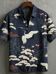 Stylitex Japanese pine tree landscape print shirt for men. Premium breathable linen style fabric, minimalist design perfect for casual summer wear.