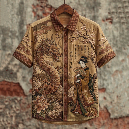 Stylitex Premium Vintage Dragon Geisha Art Print Shirt for Men Casual Summer Half Sleeve Button Down Streetwear Designer Luxury Asian Fashion Shirt