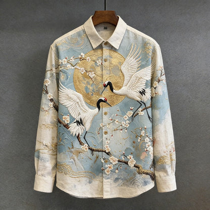 Stylitex Golden Crane Moon Shirt for Men Japanese Style Long Sleeve Casual Linen Blend Shirt Elegant Sakura Designer Wear