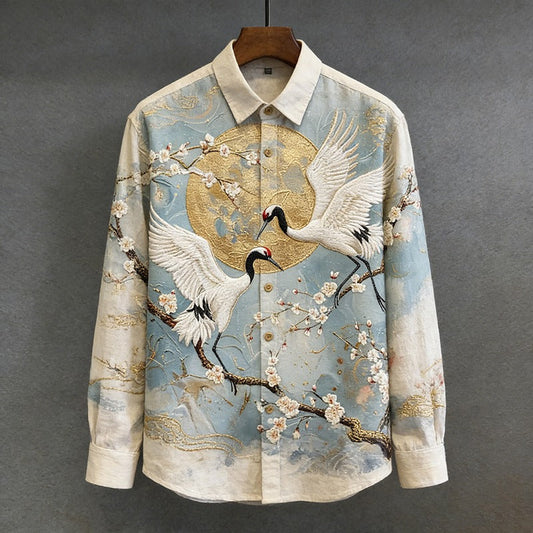 Stylitex Golden Crane Moon Shirt for Men Japanese Style Long Sleeve Casual Linen Blend Shirt Elegant Sakura Designer Wear