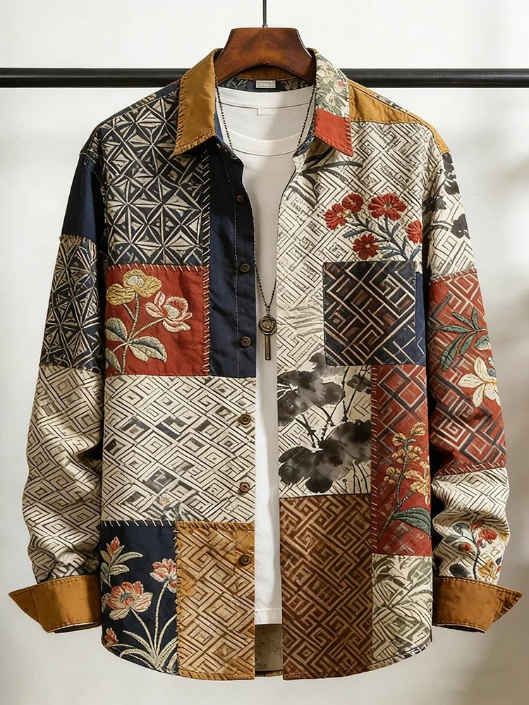 Stylitex Patchwork Heritage Shirt for Men Vintage Japanese Style Long Sleeve Casual Designer Linen Blend Shirt