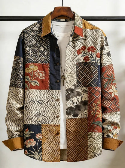 Stylitex Patchwork Heritage Shirt for Men Vintage Japanese Style Long Sleeve Casual Designer Linen Blend Shirt