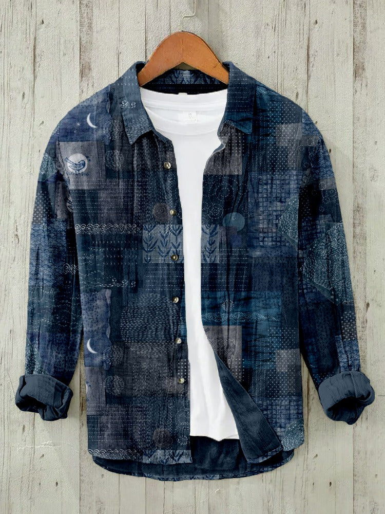 Stylitex Midnight Patchwork Shirt for Men Vintage Indigo Japanese Style Long Sleeve Casual Designer Shirt