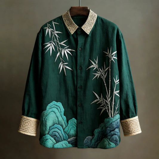 Stylitex bamboo mountain shirt for men. Japanese style long sleeve linen blend shirt with artistic ink wash landscape design.