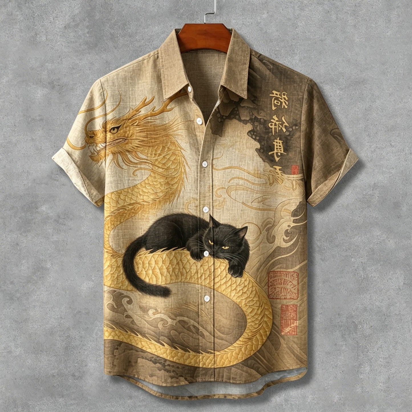 Stylitex Premium Golden Dragon Black Cat Fusion Print Shirt for Men Casual Summer Half Sleeve Button Down Streetwear Designer Graphic Fashion Shirt