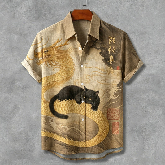 Stylitex Premium Golden Dragon Black Cat Fusion Print Shirt for Men Casual Summer Half Sleeve Button Down Streetwear Designer Graphic Fashion Shirt