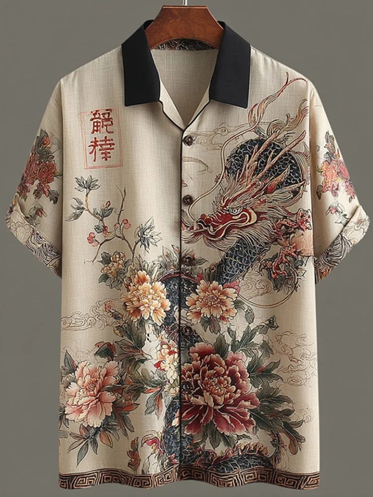 Stylitex Premium Japanese Dragon Floral Art Print Shirt for Men Casual Summer Half Sleeve Button Down Streetwear Designer Elegant Fashion Shirt