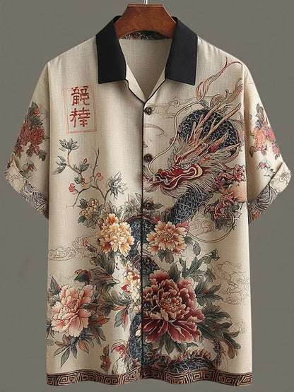 Stylitex Premium Japanese Dragon Floral Art Print Shirt for Men Casual Summer Half Sleeve Button Down Streetwear Designer Elegant Fashion Shirt
