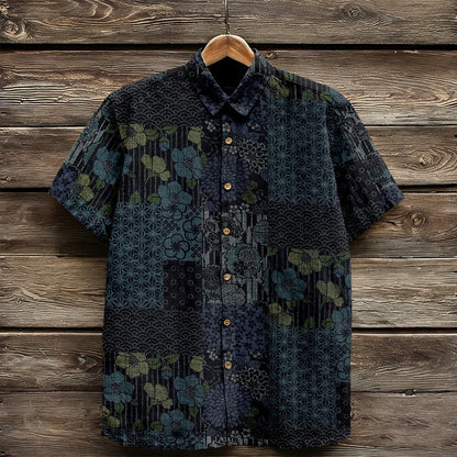 Stylitex Premium Japanese Dark Patchwork Pattern Print Shirt for Men Casual Summer Half Sleeve Button Down Streetwear Designer Vintage Fashion Shirt