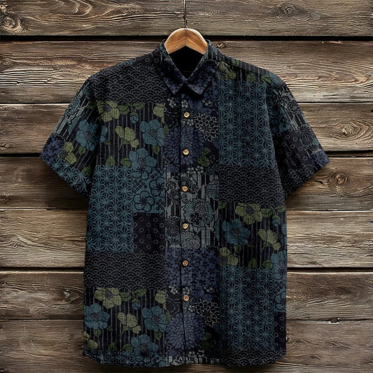 Stylitex Premium Japanese Dark Patchwork Pattern Print Shirt for Men Casual Summer Half Sleeve Button Down Streetwear Designer Vintage Fashion Shirt