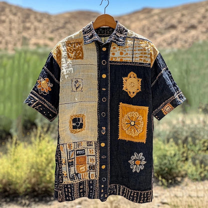 Stylitex Premium Boho Patchwork Pattern Print Shirt for Men Casual Summer Half Sleeve Button Down Streetwear Designer Vintage Ethnic Fashion Shirt