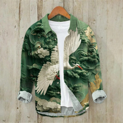 Stylitex Crane Harmony Shirt for Men Japanese Style Artistic Long Sleeve Casual Designer Shirt