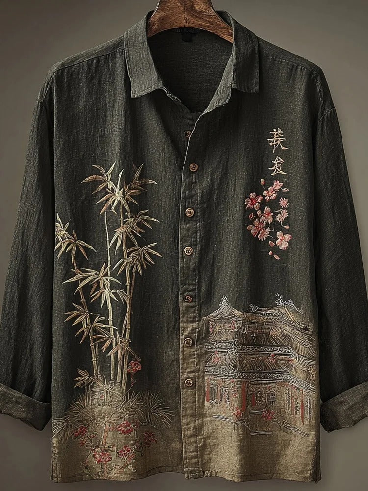 Stylitex Premium Vintage Bamboo Temple Embroidered Shirt for Men Casual Summer Half Sleeve Button Down Streetwear Designer Linen Style Asian Art Fashion Shirt