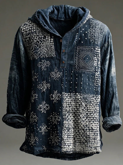 Stylitex Indigo Patchwork Hoodie Shirt for Men Vintage Japanese Style Long Sleeve Casual Linen Blend Hooded Shirt Artistic Streetwear