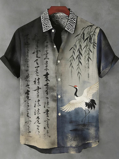 Stylitex Premium Japanese Crane Ink Art Print Shirt for Men Casual Summer Half Sleeve Button Down Streetwear Designer Minimalist Fashion Shirt