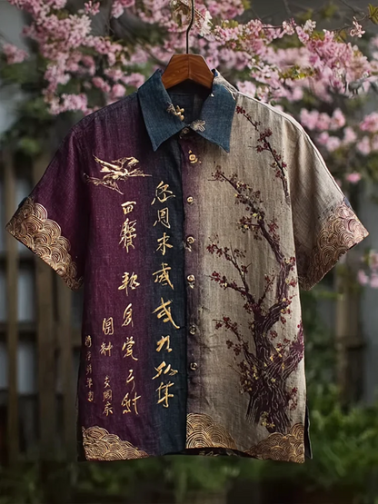 Stylitex Premium Artistic Japanese Sakura Print Shirt for Men Summer Casual Button Down Half Sleeve Luxury Streetwear Fashion Shirt