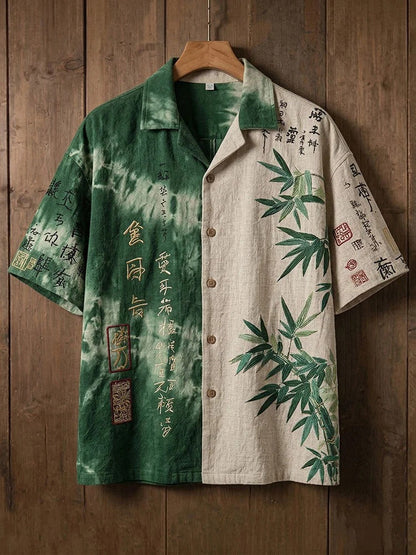 Stylitex Premium Dual Tone Green Bamboo Calligraphy Print Shirt for Men Casual Summer Half Sleeve Button Down Streetwear Designer Linen Style Fashion Shirt