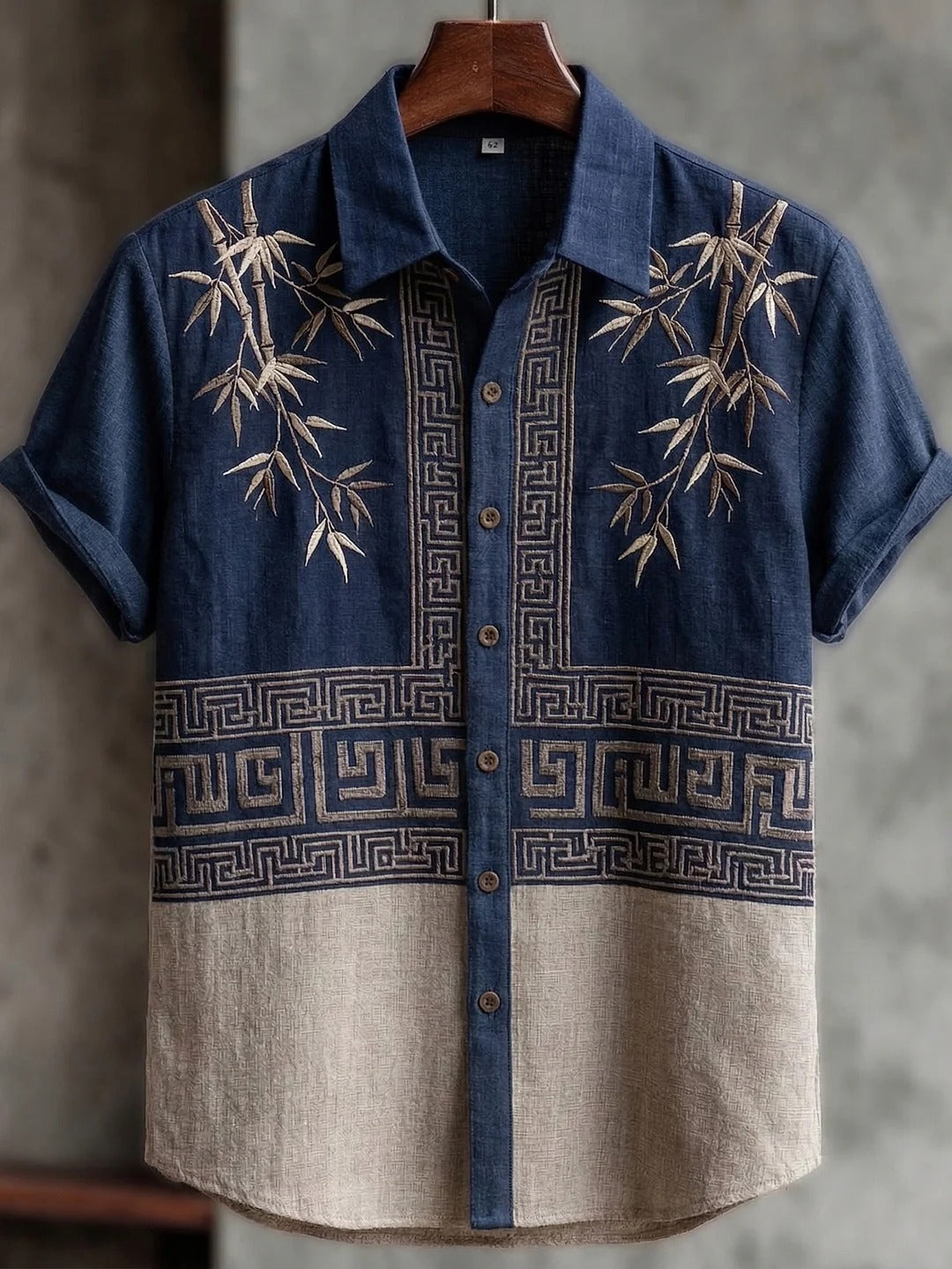 Stylitex Premium Bamboo Embroidery Geometric Panel Shirt for Men Casual Summer Half Sleeve Button Down Streetwear Designer Linen Style Fashion Shirt