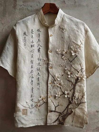 Stylitex Premium Minimal Japanese Blossom Embroidery Shirt for Men Casual Summer Half Sleeve Mandarin Collar Button Down Elegant Designer Fashion Shirt