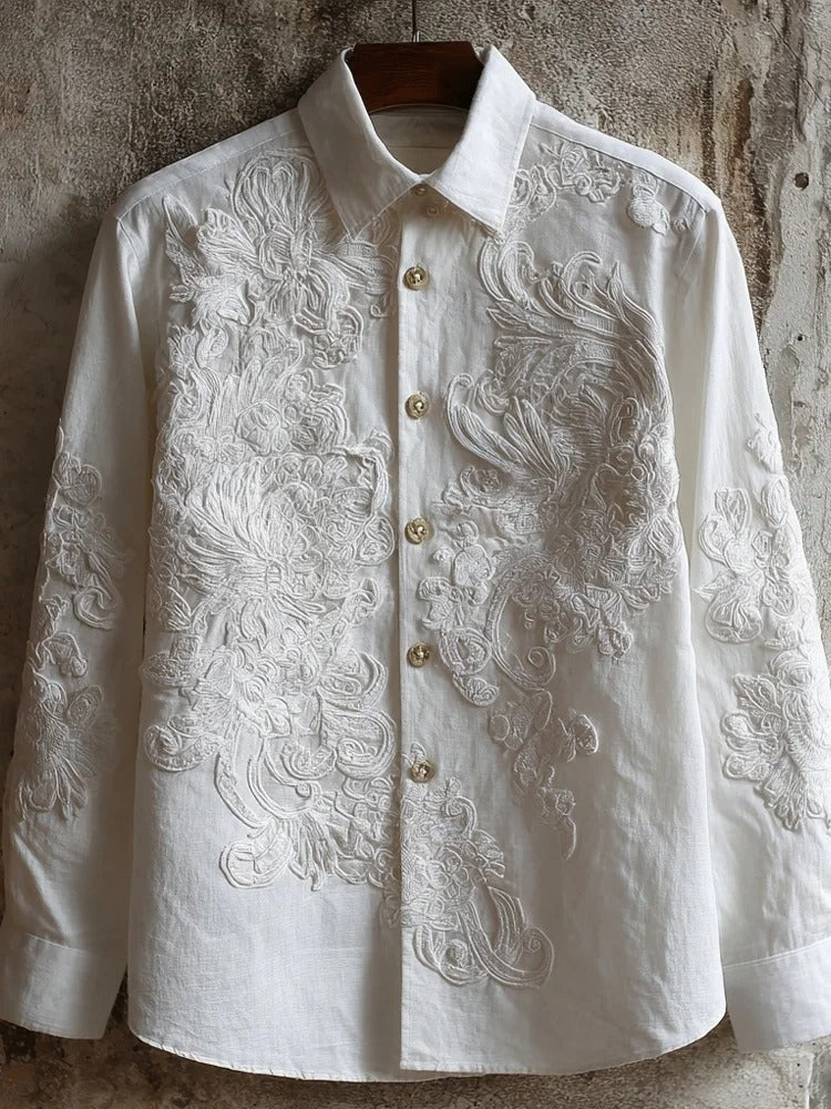 Stylitex Imperial Embroidered White Shirt for Men Luxury Dragon Floral Long Sleeve Designer Shirt