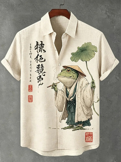 Stylitex Premium Japanese Frog Art Print Shirt for Men Casual Summer Half Sleeve Button Down Streetwear Graphic Designer Shirt