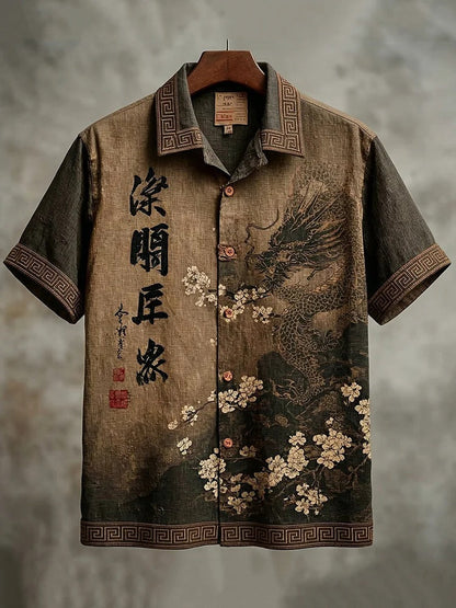Stylitex Premium Vintage Japanese Dragon Floral Print Shirt for Men Casual Summer Half Sleeve Button Down Streetwear Designer Fashion Shirt