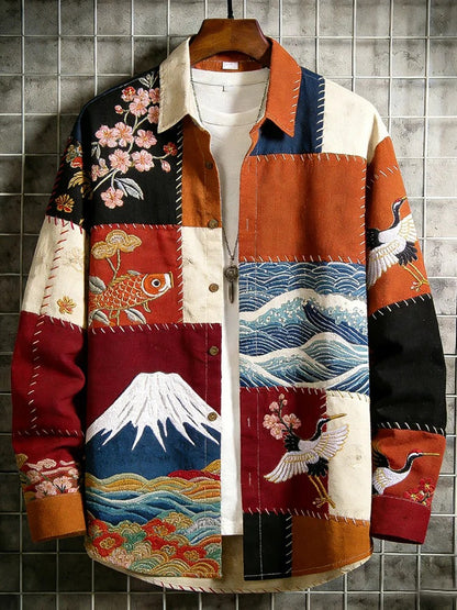Stylitex Japanese Patchwork Art Shirt for Men Vintage Multi-Panel Long Sleeve Casual Linen Blend Shirt Crane Wave Sakura Fuji Designer Wear