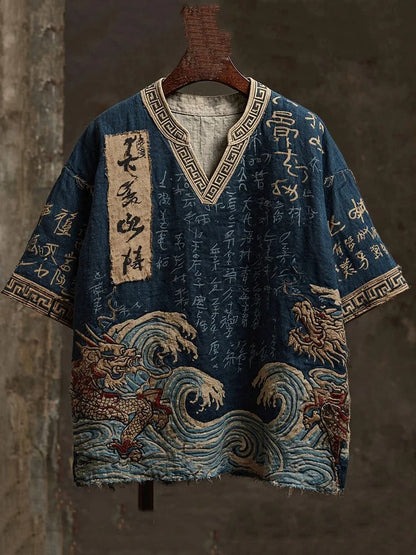 Stylitex Premium Japanese Wave Dragon Art V Neck Shirt for Men Casual Summer Half Sleeve Loose Fit Streetwear Designer Graphic Shirt