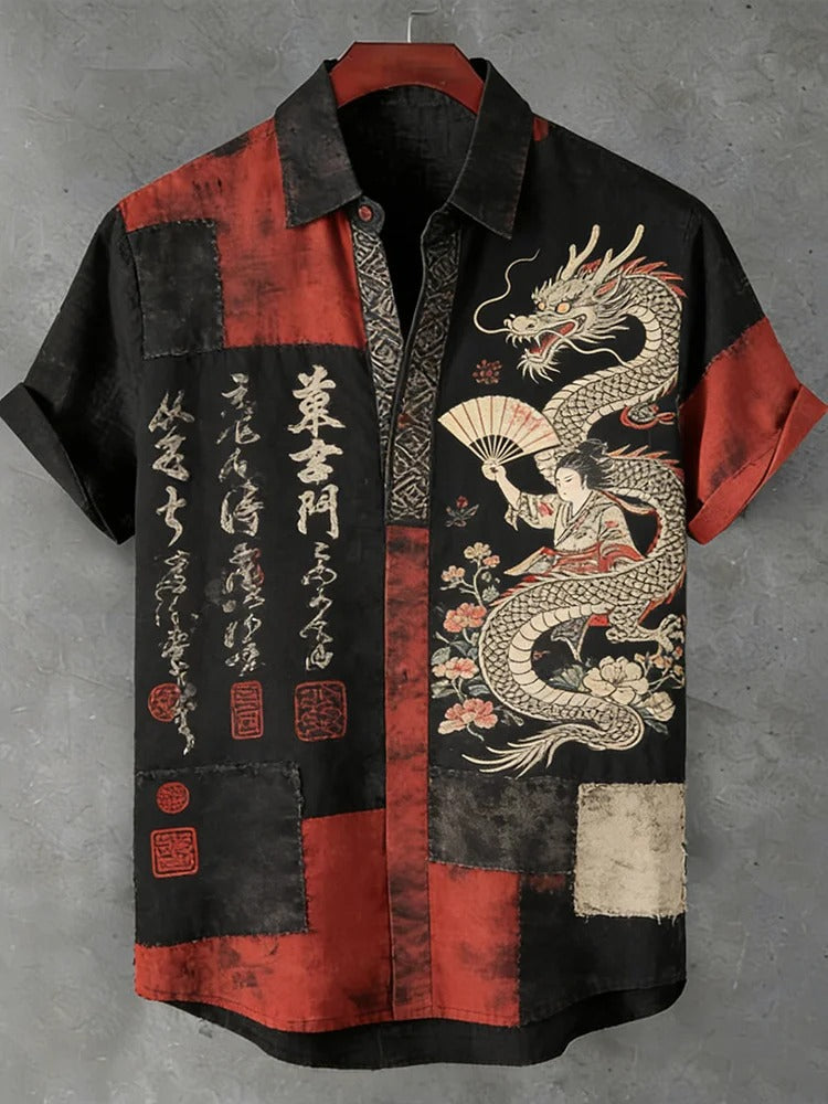 Stylitex Premium Japanese Dragon Geisha Patchwork Print Shirt for Men Casual Summer Half Sleeve Button Down Streetwear Designer Graphic Fashion Shirt