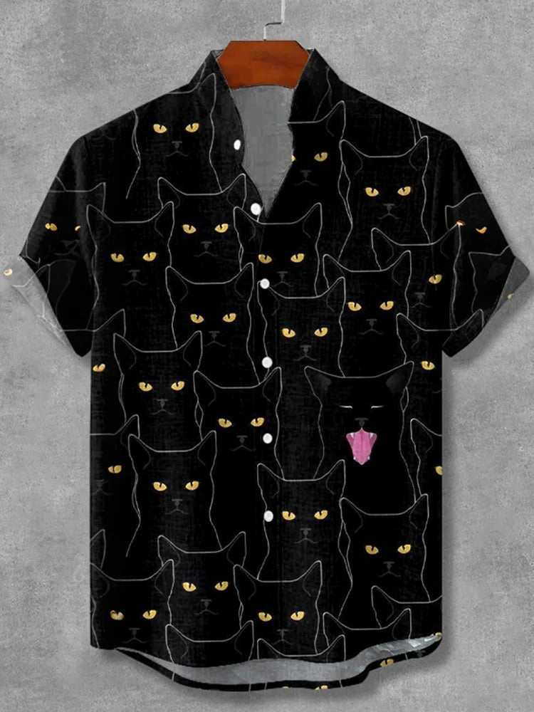 Stylitex Premium Black Cat Eyes Print Shirt for Men Casual Summer Half Sleeve Button Down Streetwear Fashion Graphic Shirt