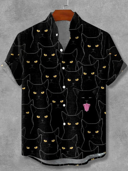 Stylitex Premium Black Cat Eyes Print Shirt for Men Casual Summer Half Sleeve Button Down Streetwear Fashion Graphic Shirt
