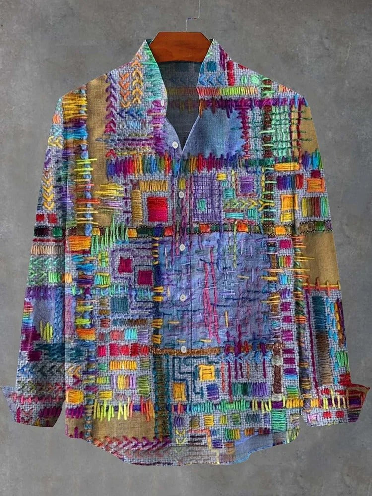Stylitex Artisan Patchwork Shirt for Men Colorful Bohemian Stitch Design Long Sleeve Casual Designer Shirt